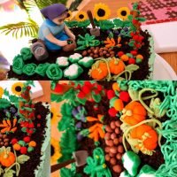 Tort cu bunicuta din gradina , cu gard , floarea soarelui , dovleci , rosii , porumb , varza , conopida , cartofi , morcovi , vinete , cazma si stropitoare