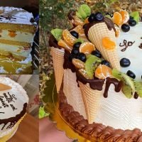 Tort cu mix de fructe , kiwi , clementine , afine , conuri de inghetata , cu conuri si borduri de ciocolata