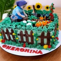 Tort cu bunicuta din gradina , cu gard , floarea soarelui , dovleci , rosii , porumb , varza , conopida , cartofi , morcovi , vinete , cazma si stropitoare