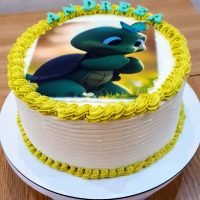 tort cu broscuta testoasa cu crema alba si contur galben-verzui